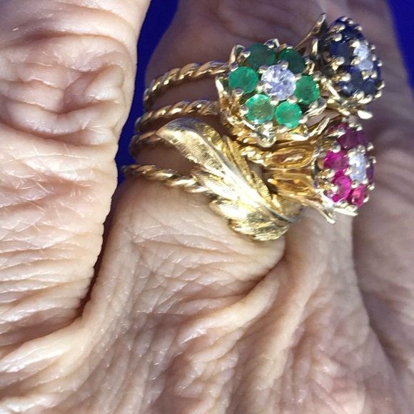 Vintage Tulip Ring - Stacking Rings - Emerald, Ruby & Sapphire - Picture 7 of 7